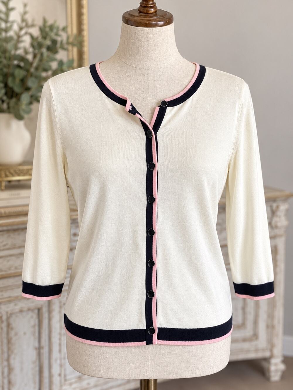 Talbots Petite LP Cardigan Cream Black Pink Trim 3/4 Sleeve Button Sweater